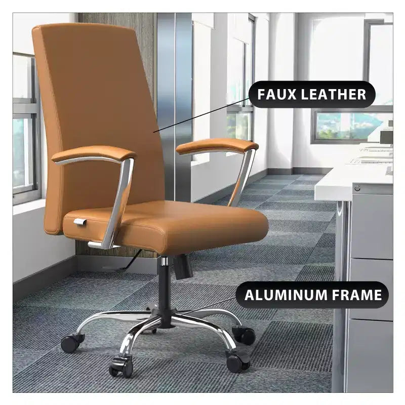 Chaise de bureau haute à dossier réglable LeisureMod Evander Rembourrage en cuir avec pivot, inclinaison et base chromée, chaise de bureau ergonomique pour bureau à domicile