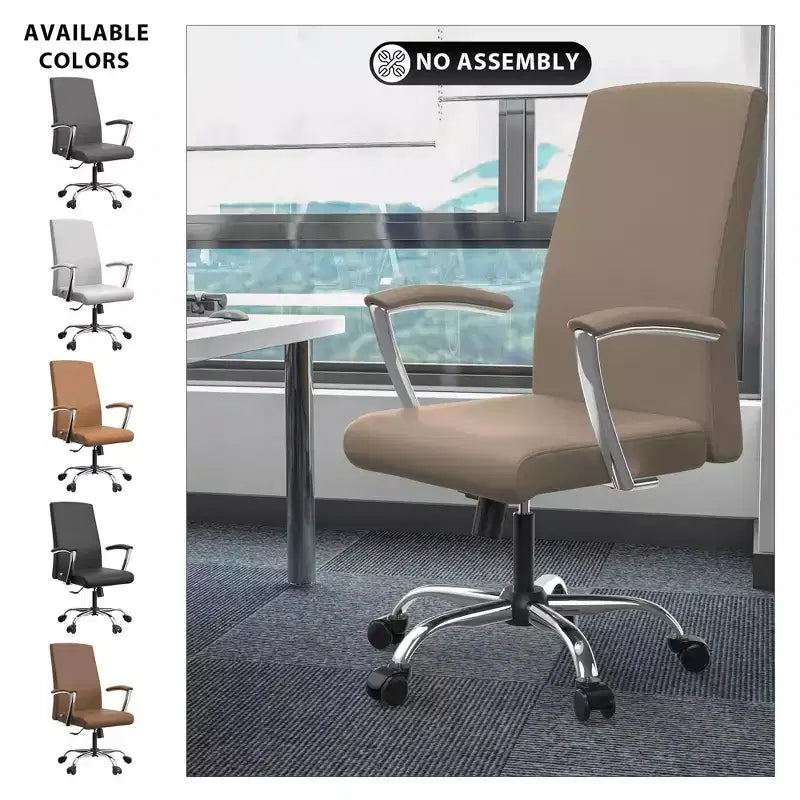 Chaise de bureau haute à dossier réglable LeisureMod Evander Rembourrage en cuir avec pivot, inclinaison et base chromée, chaise de bureau ergonomique pour bureau à domicile