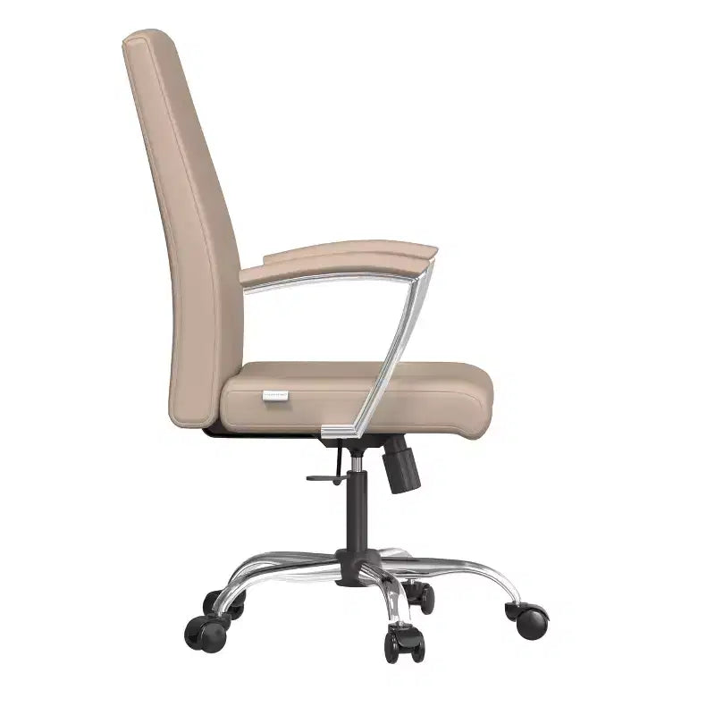 Chaise de bureau haute à dossier réglable LeisureMod Evander Rembourrage en cuir avec pivot, inclinaison et base chromée, chaise de bureau ergonomique pour bureau à domicile