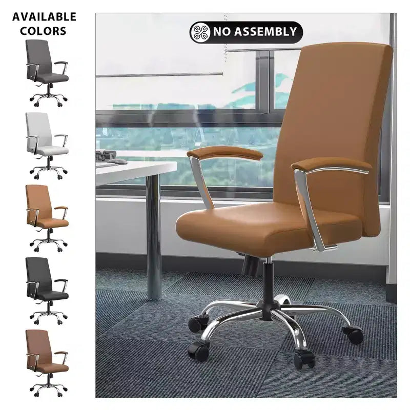 Chaise de bureau haute à dossier réglable LeisureMod Evander Rembourrage en cuir avec pivot, inclinaison et base chromée, chaise de bureau ergonomique pour bureau à domicile