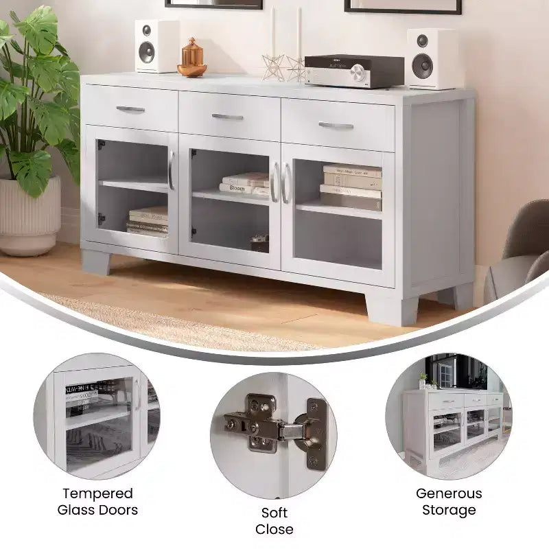 Buffet-Bahut Merrick Lane à trois tiroirs en bois composite avec trois portes d'armoire en verre trempé pour salle à manger/cuisine