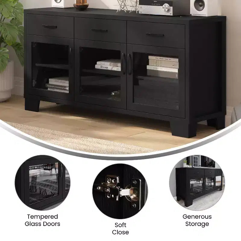 Buffet-Bahut Merrick Lane à trois tiroirs en bois composite avec trois portes d'armoire en verre trempé pour salle à manger/cuisine