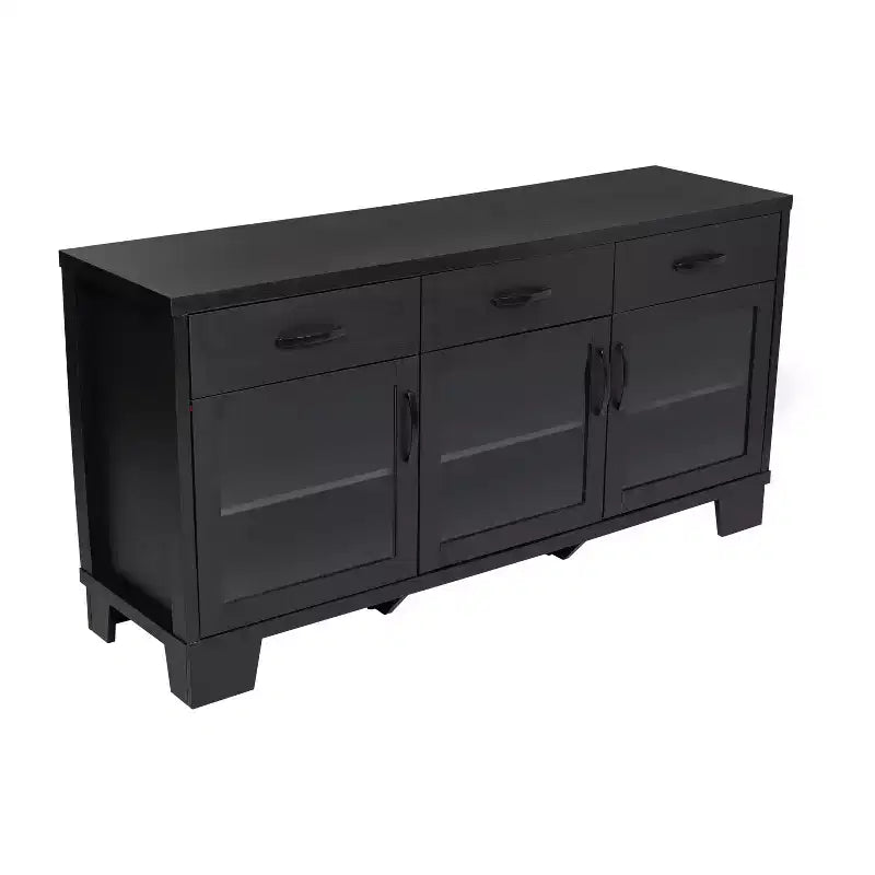Buffet-Bahut Merrick Lane à trois tiroirs en bois composite avec trois portes d'armoire en verre trempé pour salle à manger/cuisine