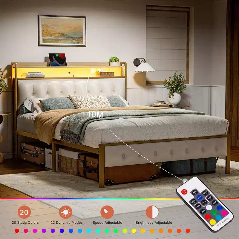 Cadre de lit rembourré Hausource Blanc : Tête de lit LED, Ports USB, Pas besoin de sommier tapissier