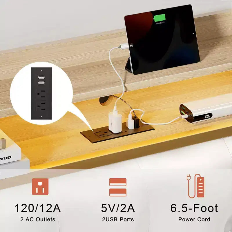 Cadre de lit rembourré Hausource Blanc : Tête de lit LED, Ports USB, Pas besoin de sommier tapissier