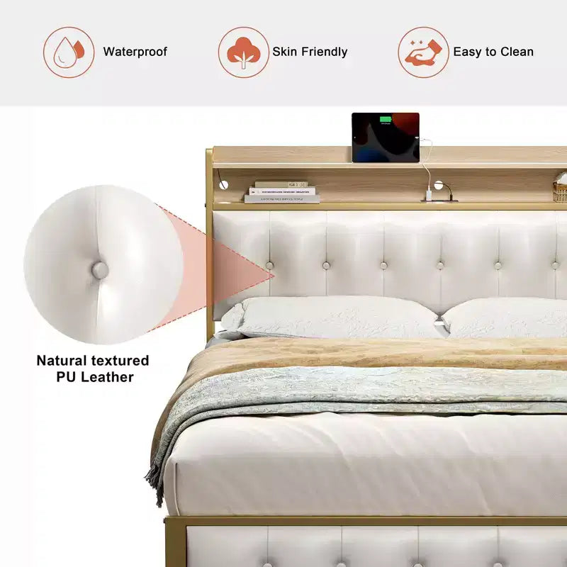 Cadre de lit rembourré Hausource Blanc : Tête de lit LED, Ports USB, Pas besoin de sommier tapissier