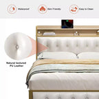 Cadre de lit rembourré Hausource Blanc : Tête de lit LED, Ports USB, Pas besoin de sommier tapissier