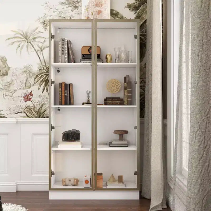Meuble vitrine Famapy avec portes et étagères en verre, étagère de rangement polyvalente, buffet avec éclairage LED