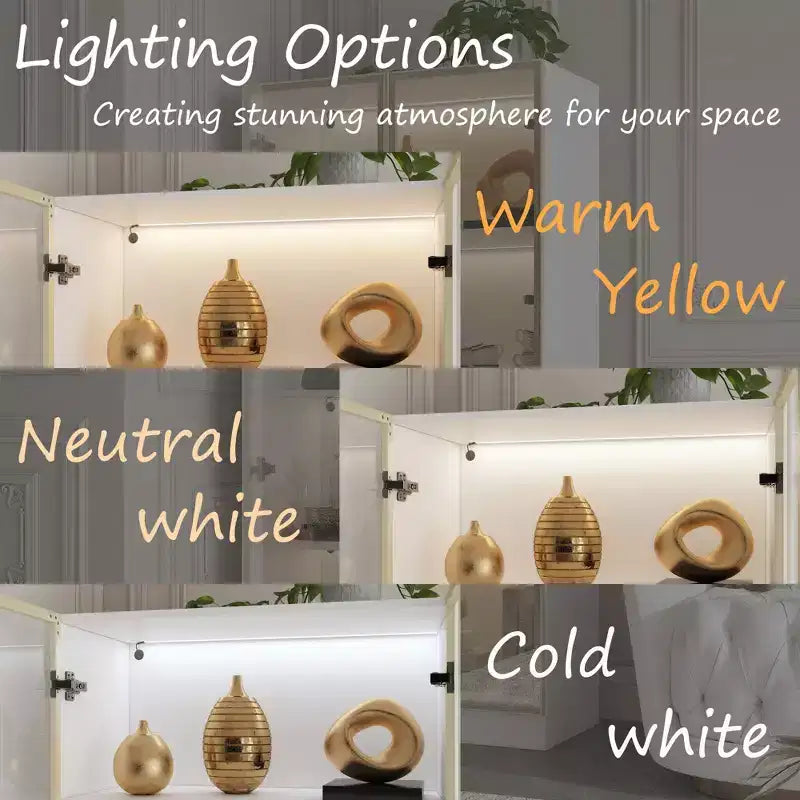 Meuble vitrine Famapy avec portes et étagères en verre, étagère de rangement polyvalente, buffet avec éclairage LED