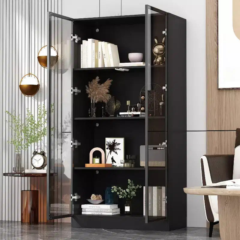 Meuble vitrine Famapy avec portes et étagères en verre, étagère de rangement polyvalente, buffet avec éclairage LED