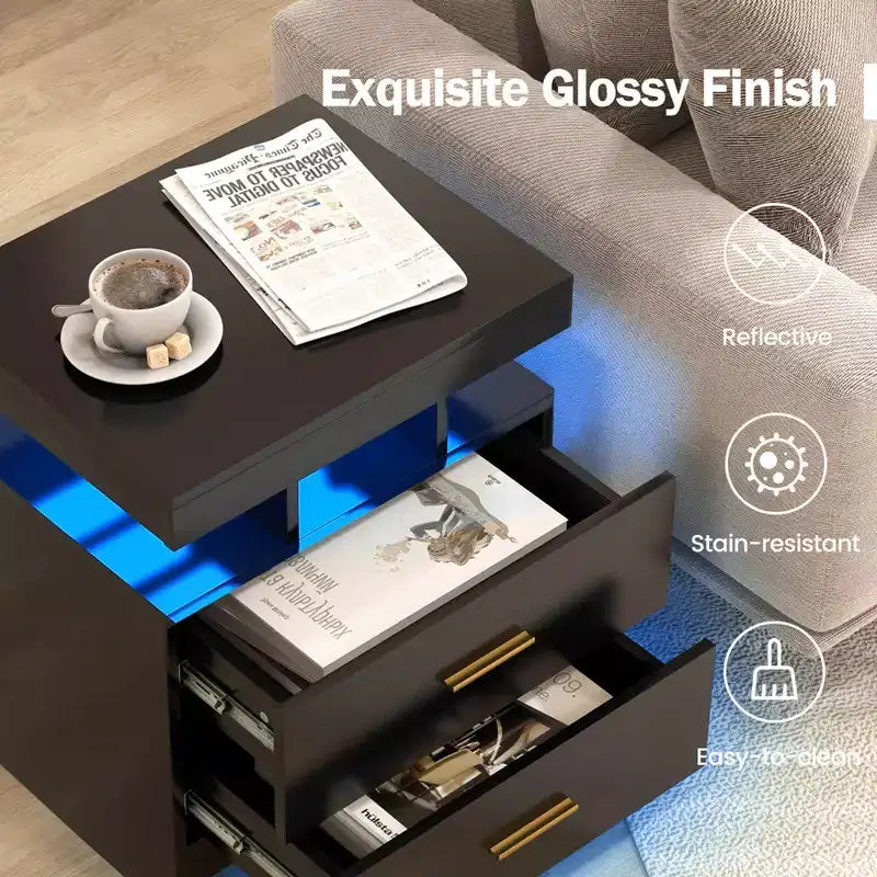 Costway Table de Chevet LED Lot de 1/2 avec 2 Tiroirs de Rangement Mode Lumière Réglable Télécommande
