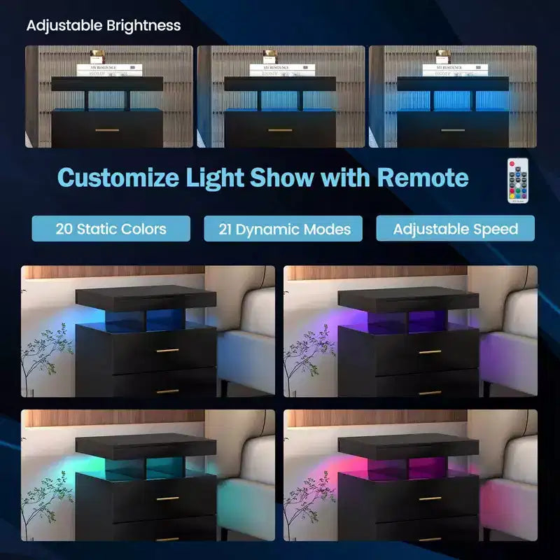 Costway Table de Chevet LED Lot de 1/2 avec 2 Tiroirs de Rangement Mode Lumière Réglable Télécommande