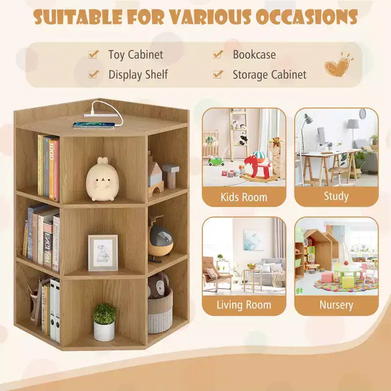 Costway Meuble de rangement d'angle 3 niveaux pour enfants avec ports USB et prises électriques, 9 casiers, Gris/Blanc