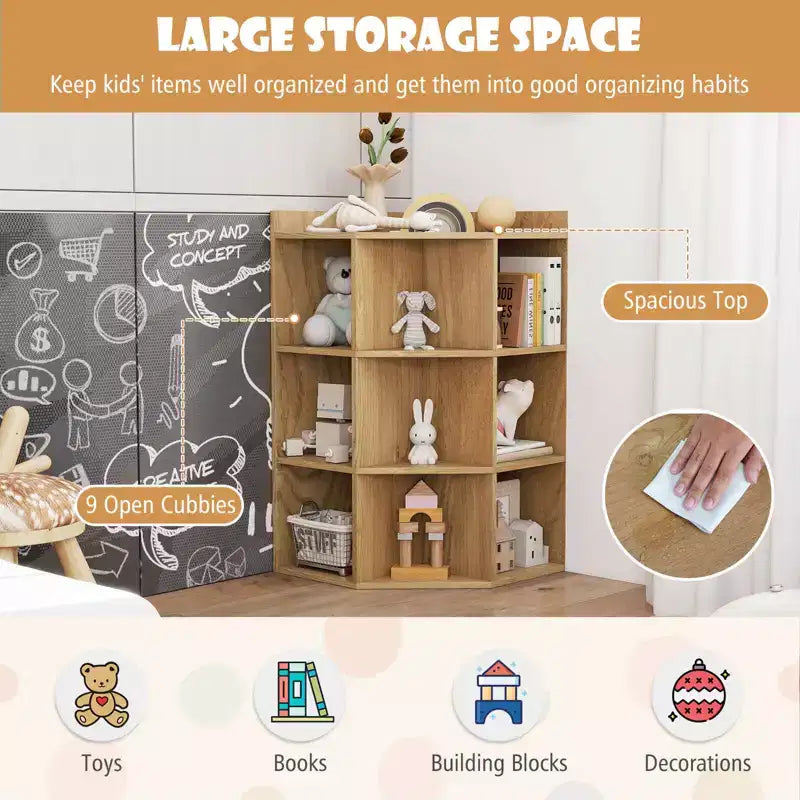 Costway Meuble de rangement d'angle 3 niveaux pour enfants avec ports USB et prises électriques, 9 casiers, Gris/Blanc