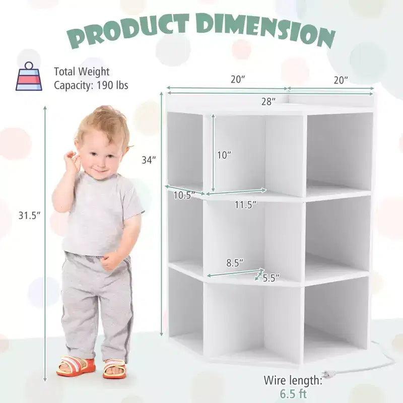 Costway Meuble de rangement d'angle 3 niveaux pour enfants avec ports USB et prises électriques, 9 casiers, Gris/Blanc
