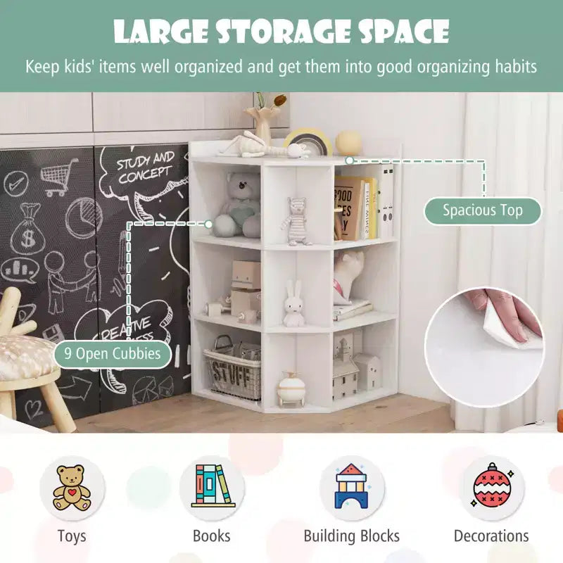 Costway Meuble de rangement d'angle 3 niveaux pour enfants avec ports USB et prises électriques, 9 casiers, Gris/Blanc