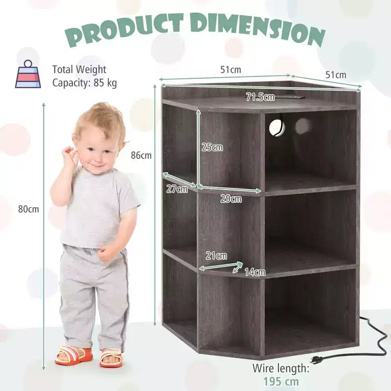 Costway Meuble de rangement d'angle 3 niveaux pour enfants avec ports USB et prises électriques, 9 casiers, Gris/Blanc