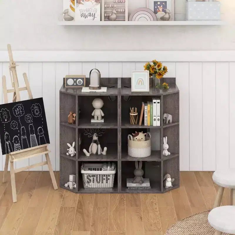 Costway Meuble de rangement d'angle 3 niveaux pour enfants avec ports USB et prises électriques, 9 casiers, Gris/Blanc