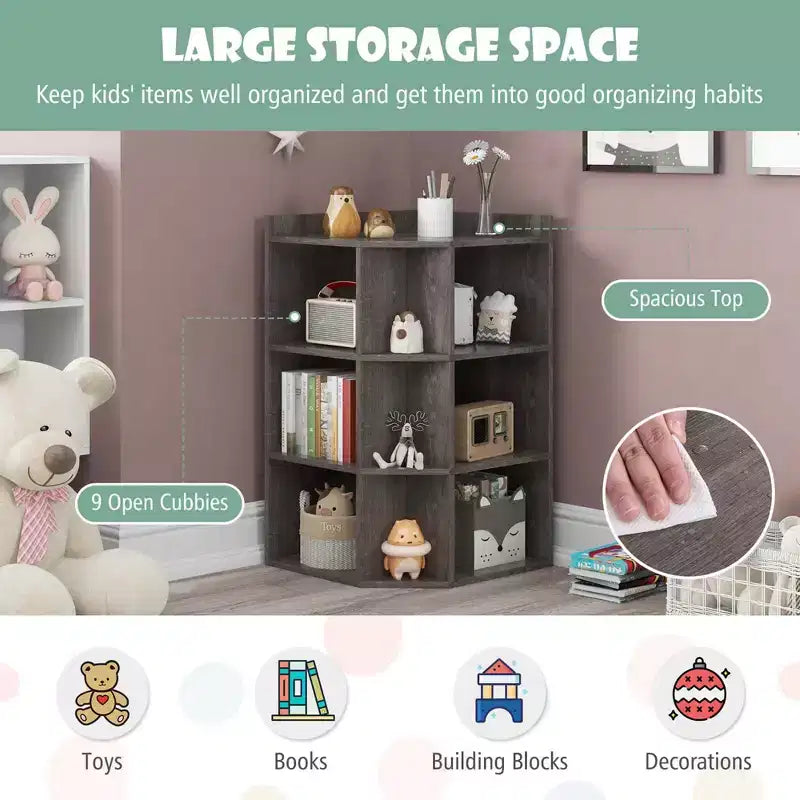 Costway Meuble de rangement d'angle 3 niveaux pour enfants avec ports USB et prises électriques, 9 casiers, Gris/Blanc