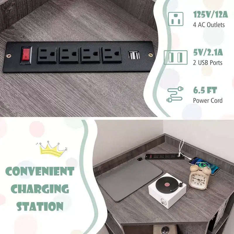 Costway Meuble de rangement d'angle 3 niveaux pour enfants avec ports USB et prises électriques, 9 casiers, Gris/Blanc