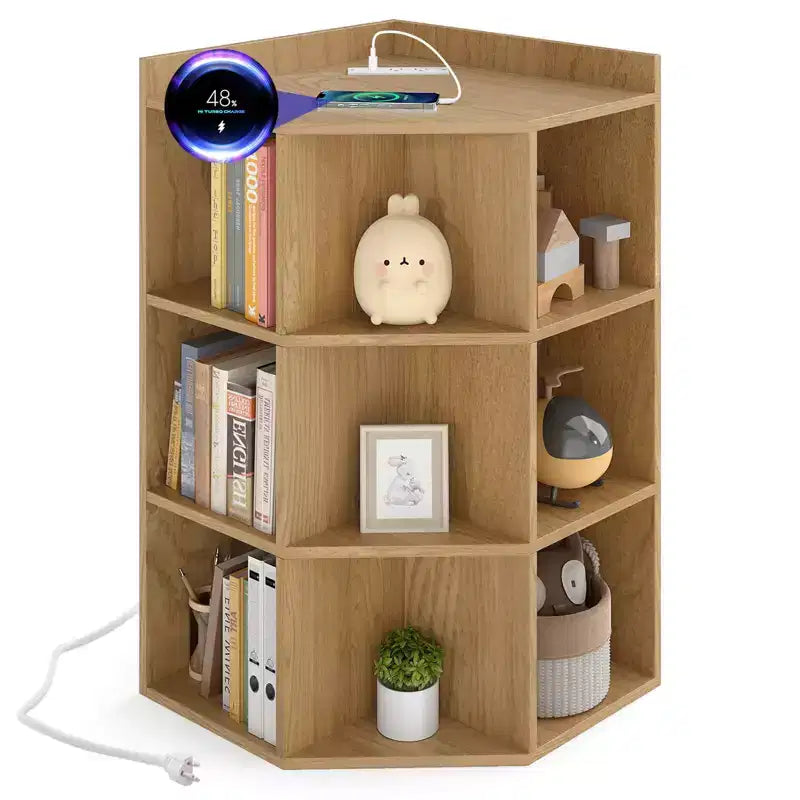 Costway Meuble de rangement d'angle 3 niveaux pour enfants avec ports USB et prises électriques, 9 casiers, Gris/Blanc