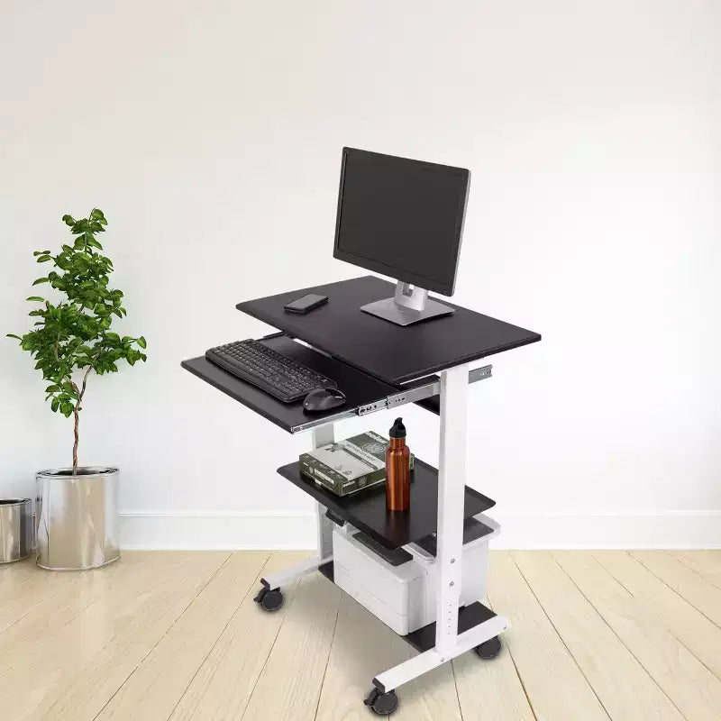 Poste de travail mobile et réglable en hauteur avec étagère pour imprimante et tablette coulissante pour clavier de Stand Up Desk Store