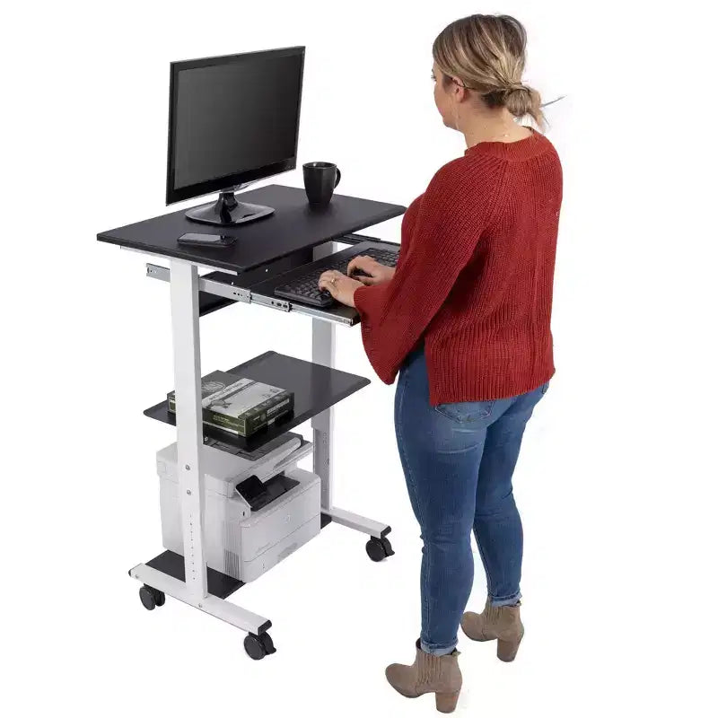 Poste de travail mobile et réglable en hauteur avec étagère pour imprimante et tablette coulissante pour clavier de Stand Up Desk Store