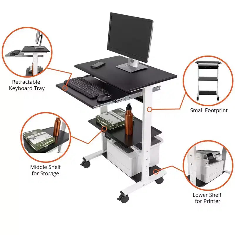 Poste de travail mobile et réglable en hauteur avec étagère pour imprimante et tablette coulissante pour clavier de Stand Up Desk Store