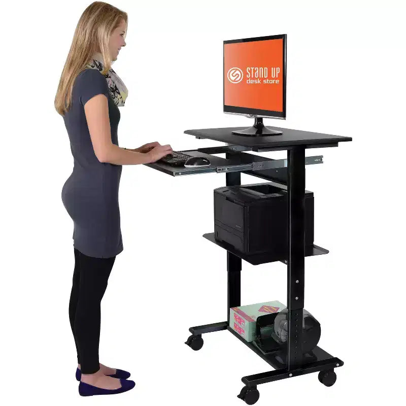 Poste de travail mobile et réglable en hauteur avec étagère pour imprimante et tablette coulissante pour clavier de Stand Up Desk Store