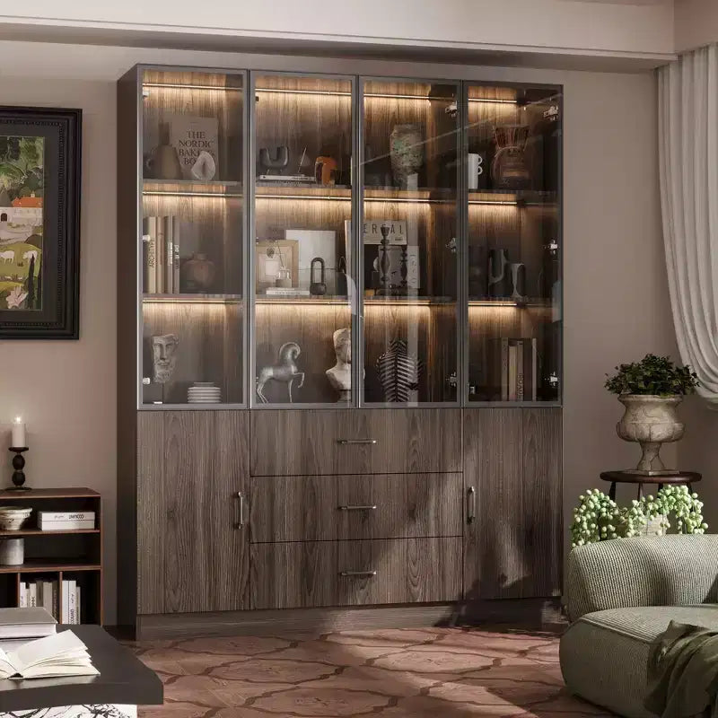 Famapy Brown Wood Display Cabinet With Glass Doors and LED Lights