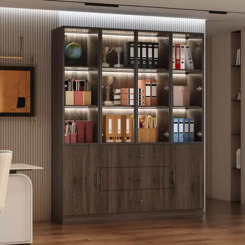 Meuble vitrine Famapy en bois marron avec portes vitrées et lumières LED