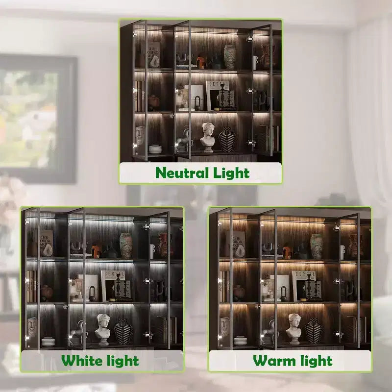 Meuble vitrine Famapy en bois marron avec portes vitrées et lumières LED
