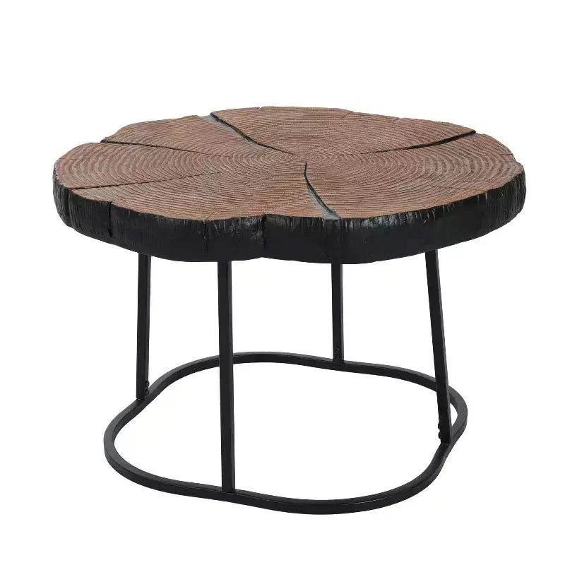 Table basse Modern Retro avec pieds en métal, plateau en bois massif avec motifs sculptés - ModernLuxe