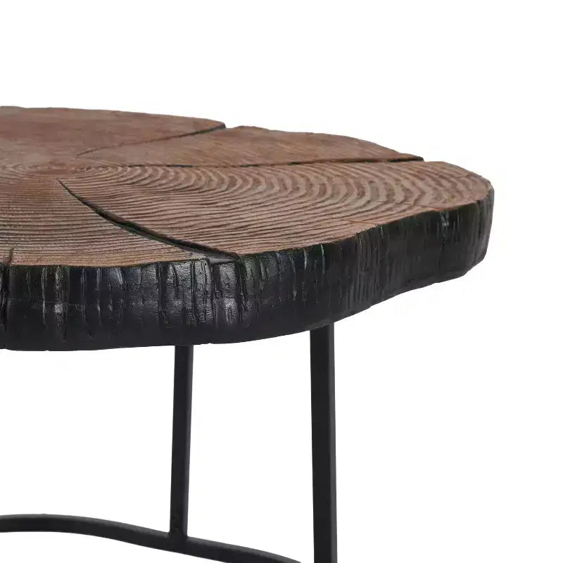 Table basse Modern Retro avec pieds en métal, plateau en bois massif avec motifs sculptés - ModernLuxe