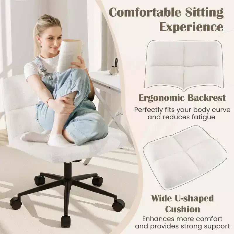 Costway Chaise à roulettes pieds croisés, siège rembourré, hauteur réglable pour chambre à coucher Beige/Gris
