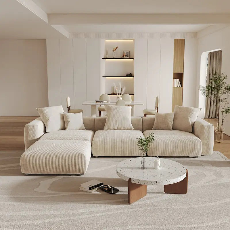 141,73 Canapé sectionnel modulaire réversible en velours côtelé, grand, en forme de L avec pouf et oreiller