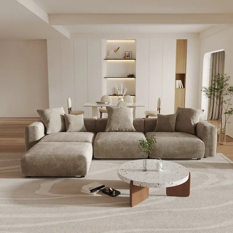141,73 Canapé sectionnel modulaire réversible en velours côtelé, grand, en forme de L avec pouf et oreiller