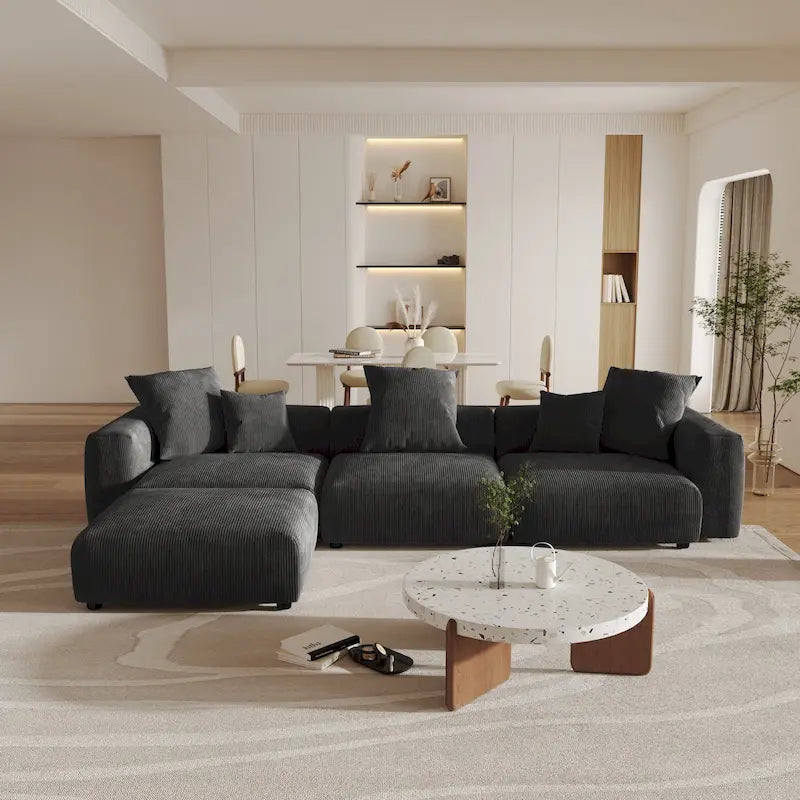 141,73 Canapé sectionnel modulaire réversible en velours côtelé, grand, en forme de L avec pouf et oreiller