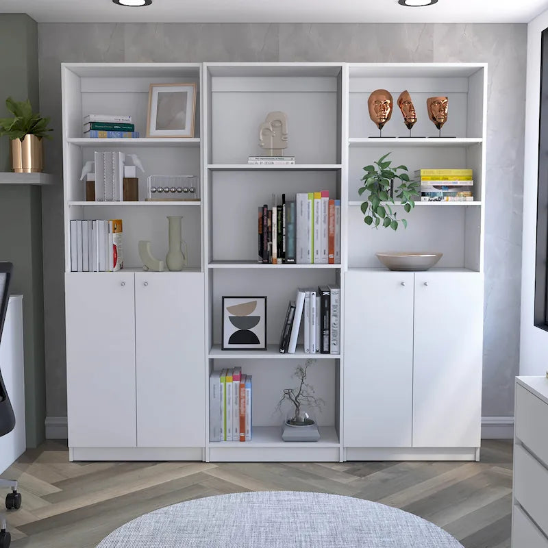 Lot de 3 bibliothèques 188 cm de large, 4 étagères, double armoire