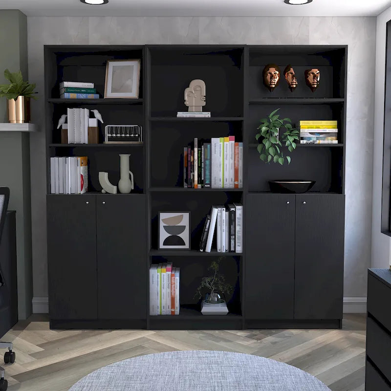 Lot de 3 bibliothèques 188 cm de large, 4 étagères, double armoire