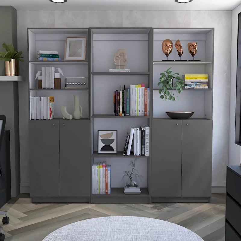 Lot de 3 bibliothèques 188 cm de large, 4 étagères, double armoire