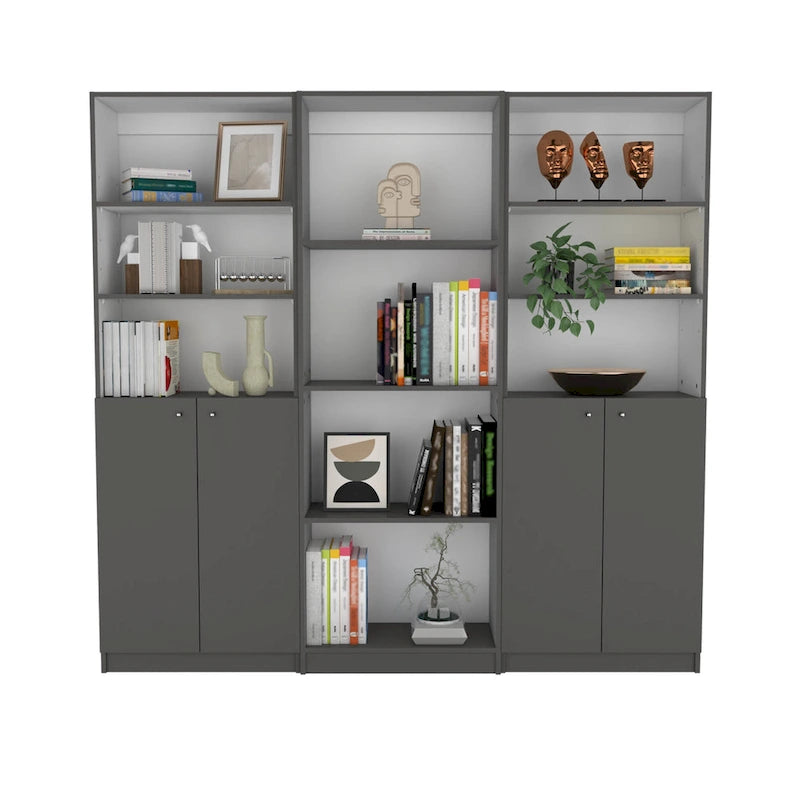 Lot de 3 bibliothèques 188 cm de large, 4 étagères, double armoire
