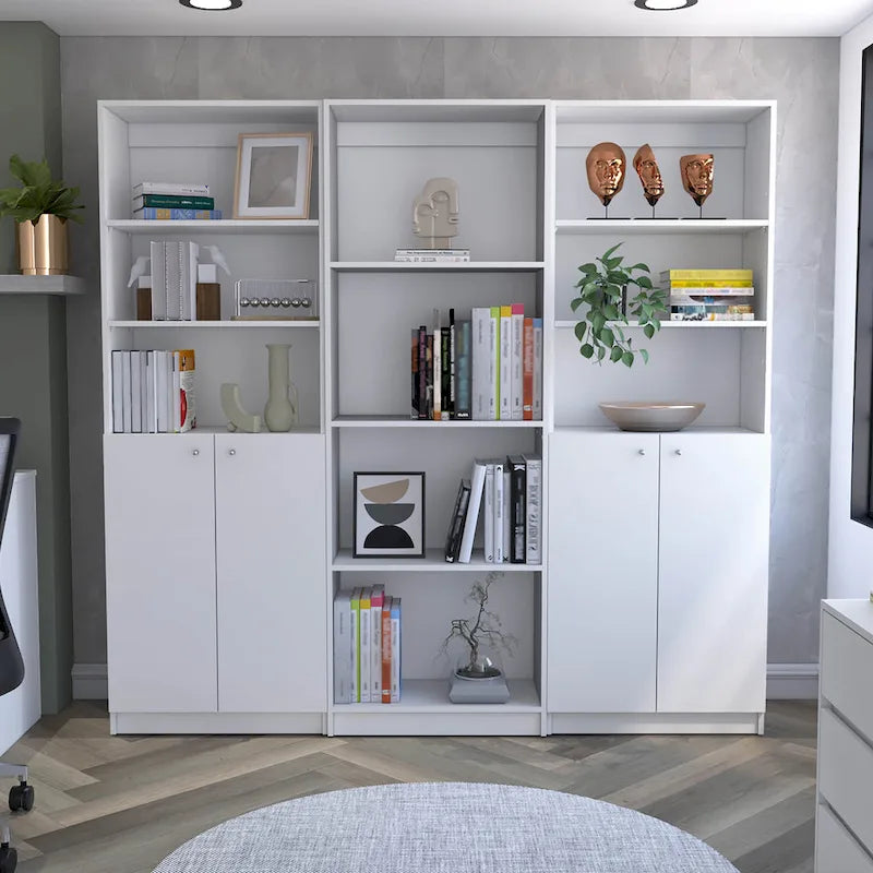 Lot de 3 bibliothèques 188 cm de large, 4 étagères, double armoire