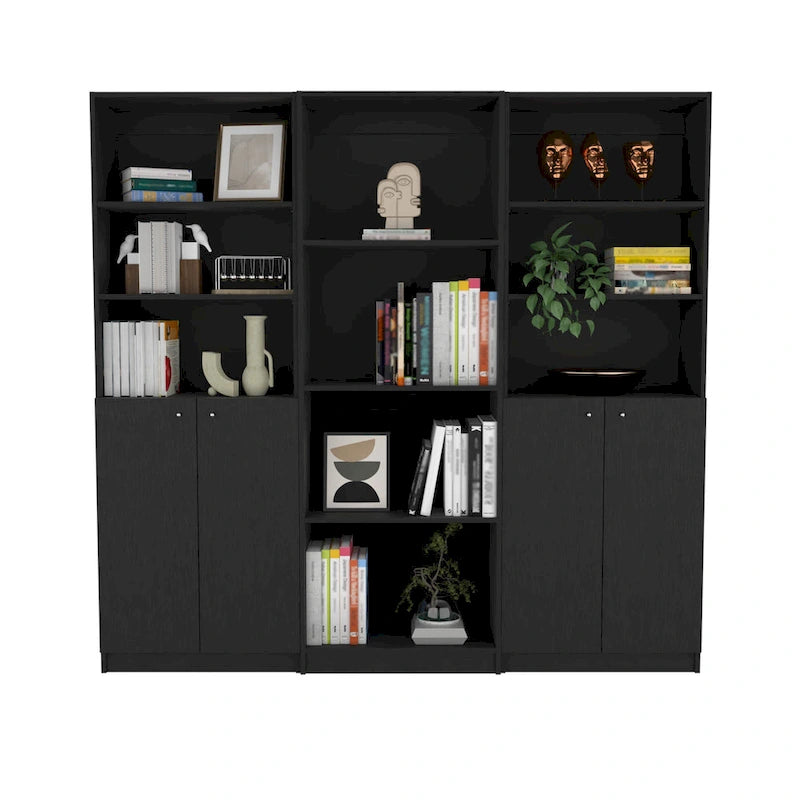 Lot de 3 bibliothèques 188 cm de large, 4 étagères, double armoire