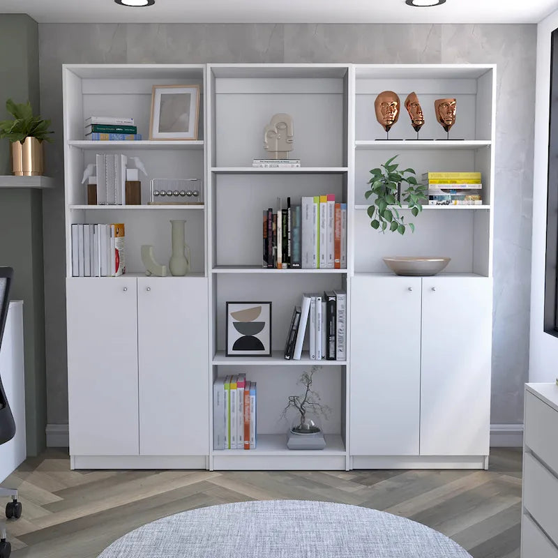 Lot de 3 bibliothèques 188 cm de large, 4 étagères, double armoire