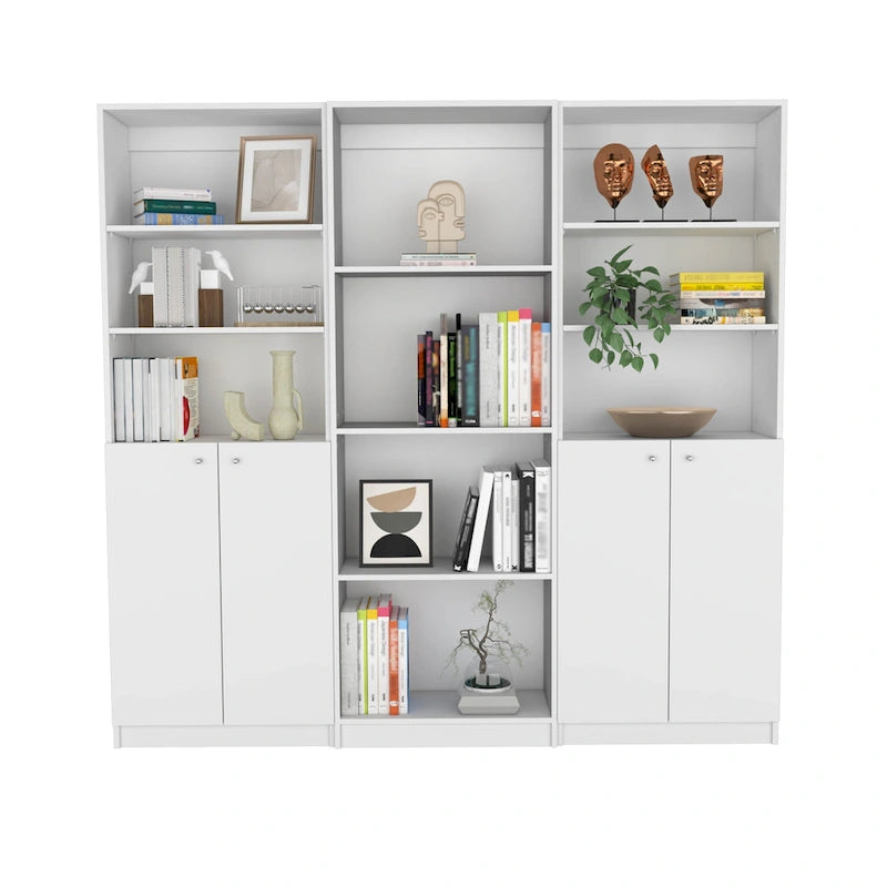 Lot de 3 bibliothèques 188 cm de large, 4 étagères, double armoire