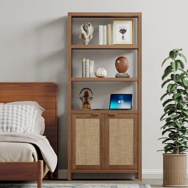 Étagère réglable à 5 niveaux avec placard de rangement en rotin