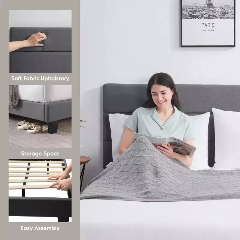 Lit plateforme Bryt avec revêtement capitonné à lattes horizontales et tête de lit