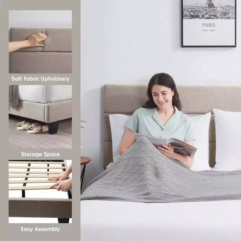 Lit plateforme Bryt avec revêtement capitonné à lattes horizontales et tête de lit