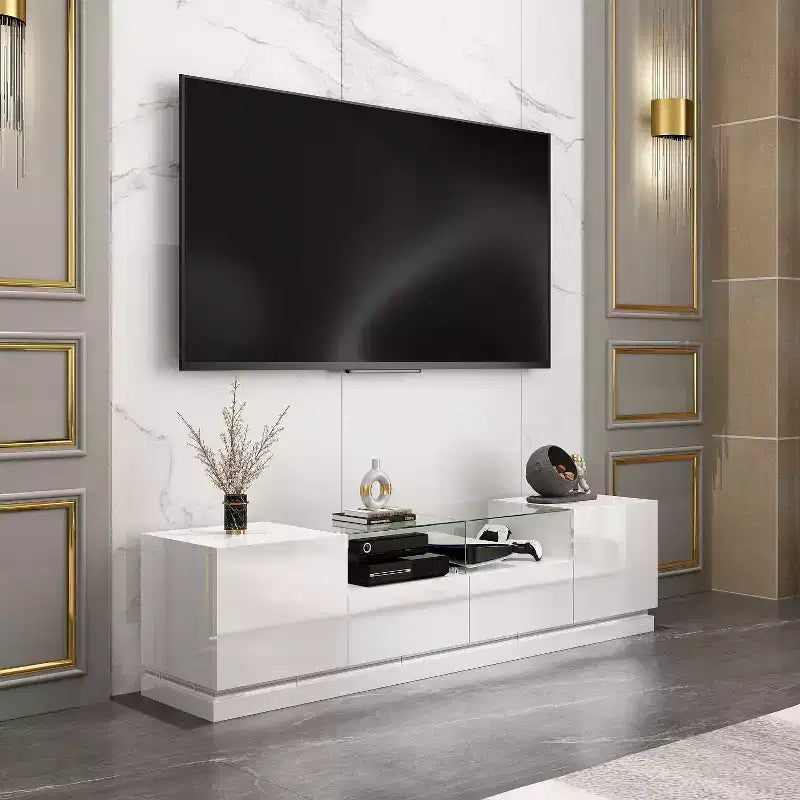 Famapy White 2-Drawers TV Stand With LED Lights Console Table